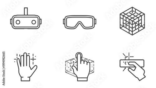 VR Innovation: A set of icons representing the latest advancements in Virtual Reality technology. showcasing immersive experiences and human interaction.
