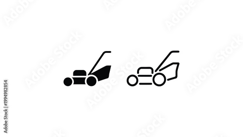 minimal lawn mower icons set modern garden equipment symbols simple black solid and line style landscaping tool vector illustration