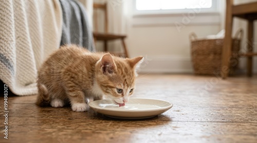 Ginger kitten drinking milk from a white plate on a wooden floor. Cute baby cat feeding in a bedroom. Domestic pet care