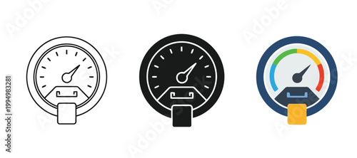 Set of three gauge icons, including outline, solid, and colorful versions, representing measurement, speed, or performance tracking tools