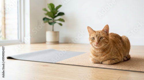 Orange tabby cat sitting on a cork yoga mat on a wooden floor. Ginger feline resting in a bright minimalist room with a potted plant. Copy space for text