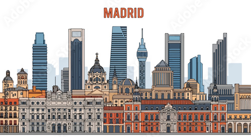Illustration of a vibrant Madrid city skyline with modern and historic buildings in a flat design style against a white background.