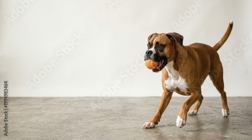 Fawn boxer dog holding an orange ball in its mouth. Playful purebred canine standing on concrete floor against white wall