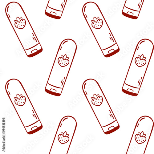 lubricant bottle, intimate cosmetics for sex games, simple red line pattern for a store. Hand-drawn doodle repeat for sex beauty packaging or branding