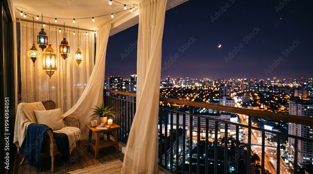 Obraz premium Lofi Night Balcony with Islamic Lanterns and City Lights Copy Space Background
