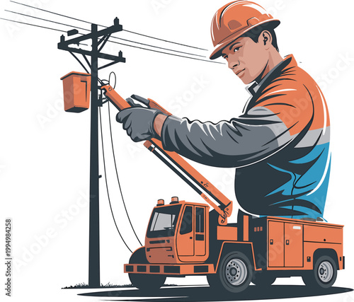 Lineman working on power lines with bucket truck vector illustration