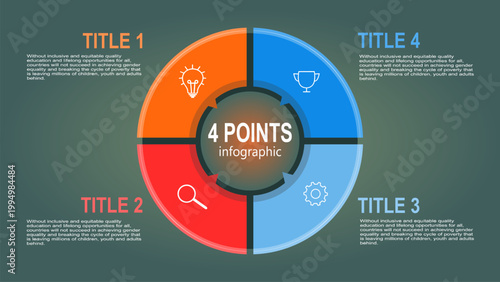 Vector infographic template with circular chart divided into 4 sections. Business presentation design for statistics, KPI report, marketing analysis, and data visualization layout.