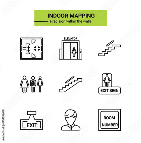 Indoor mapping icons set with signs and people