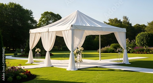 Elegant White Marquee Tent Set Up for Outdoor Wedding Ceremony.