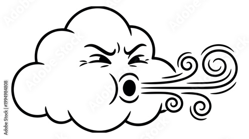 Cartoon illustration of an angry wind cloud depicting blowing air with swirling gusts for weather and nature design