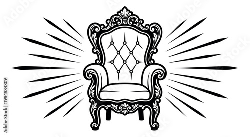 Vintage engraving illustration of ornate throne chair depicting royal baroque armchair with radiant sunburst for luxury design