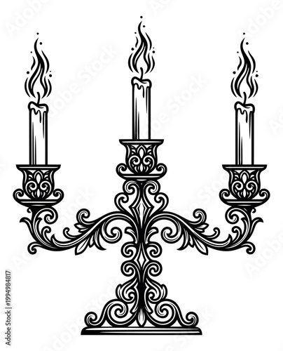 Engraving style illustration of an ornate three candle candelabra depicting vintage baroque scrollwork for gothic and Victorian decor design
