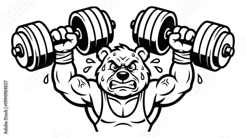 Cartoon illustration of a muscular bear depicting an angry weightlifter lifting dumbbells for sports and fitness design