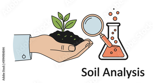 Illustration of soil analysis process with hand holding plant and lab equipment.