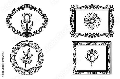 Engraving icon set of 4 ornate vintage frames featuring tulip, daisy, branch and rose botanical illustrations for decoration design