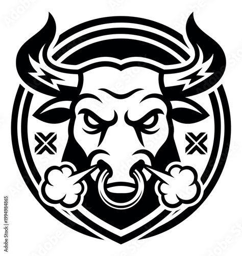 Bold cartoon illustration of an angry bull head depicting a fierce mascot with nose ring and snorting steam for sports and team branding