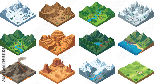 Isometric Vector Set of Natural Landscapes and Geographic Landforms for Game Design and Map Building