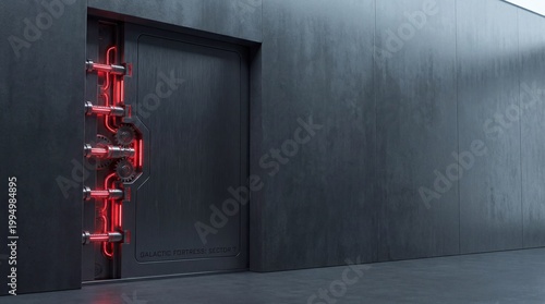Futuristic sci-fi metal vault door with glowing red lights on concrete wall