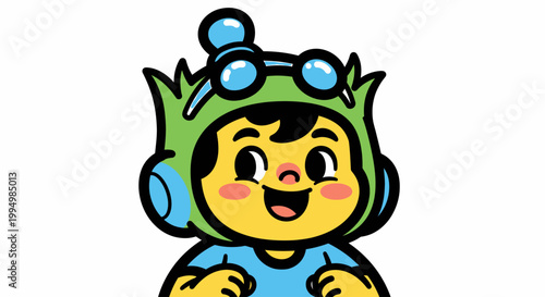 Cute cartoon child wearing a green and blue adventurer outfit