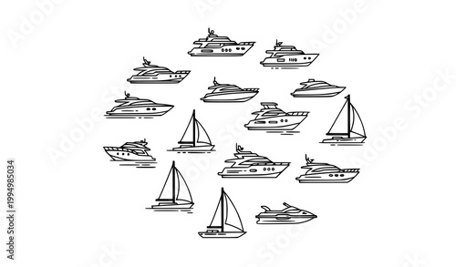 Modern yacht and boat outline icons in circular layout with marine transport vessels isolated on white