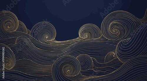 Abstract ocean waves with golden line art on dark blue background, traditional japanese style
