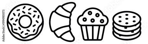 Outline icon set of 4 bakery treats featuring donut, croissant, muffin and cookies for food and cafe design