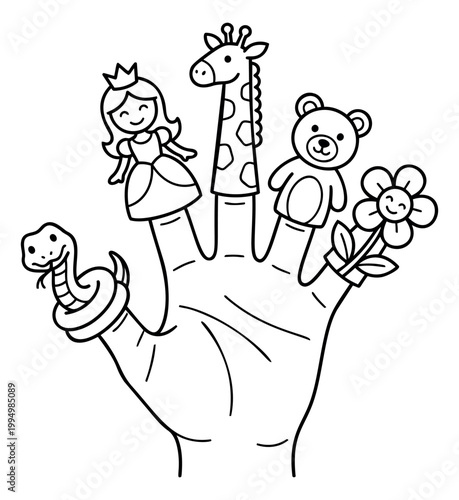 Cartoon illustration of finger puppets depicting a hand with snake, princess, giraffe, bear and flower characters for kids and coloring book design