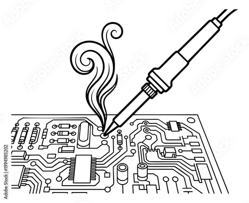 Line art illustration of soldering iron depicting electronics repair with smoke and circuit board for technology design