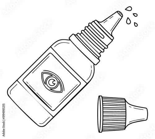 Outline illustration of eye drop bottle depicting liquid drops dispensing for medical and ophthalmology design