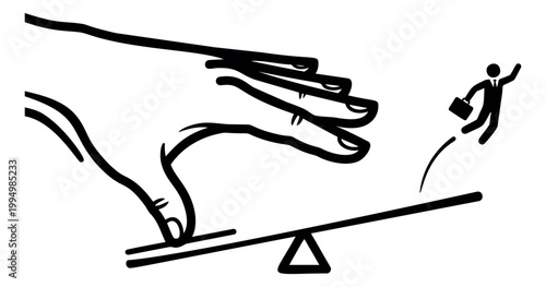 Line art illustration of a large hand pressing a seesaw depicting a businessman being launched for business and workplace concept design