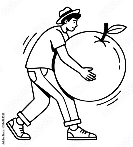 Cartoon illustration of a man carrying a giant fruit depicting effort and harvest for agriculture and healthy lifestyle design