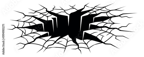 Bold silhouette illustration of cracked ground hole depicting fractured surface with spreading cracks for disaster and horror design