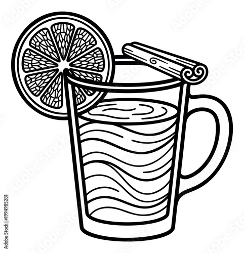 Outline illustration of mulled wine mug depicting hot spiced drink with orange slice and cinnamon stick for food and beverage design