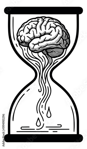 Engraving illustration of a brain melting inside an hourglass depicting cognitive decline and time for mental health design