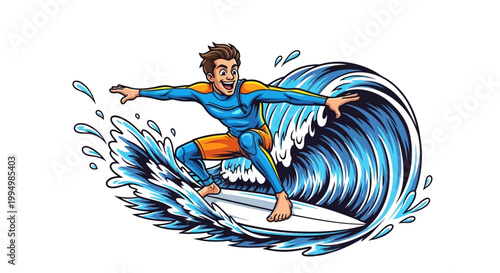 Happy male surfer riding a big ocean wave cartoon vector illustration