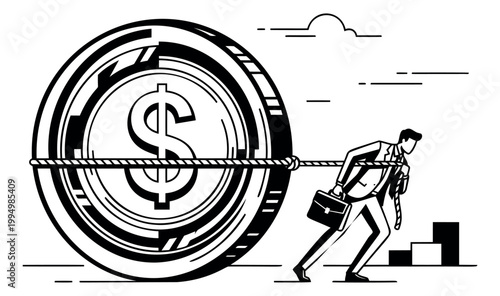 Line art illustration of businessman pulling giant dollar coin depicting financial effort and wealth building for business design