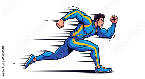 Athletic man in blue and yellow tracksuit running with speed