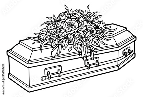 Outline illustration of a funeral coffin depicting a wooden casket with rose flower arrangement for memorial and burial design