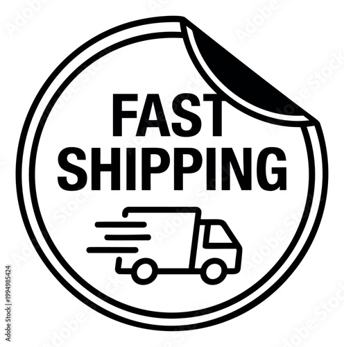Outline illustration of a fast shipping sticker depicting a speeding delivery truck with peeling corner badge for ecommerce and logistics design
