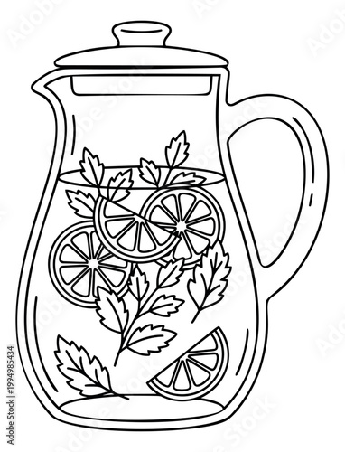 Outline illustration of a glass pitcher depicting lemonade with citrus slices and herb leaves for food and beverage design