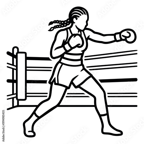 Outline illustration of a female boxer depicting a punching stance in a boxing ring for sports and fitness design