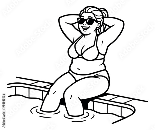 Outline illustration of a plus size woman in bikini depicting relaxing poolside with feet in water for summer and body positivity design