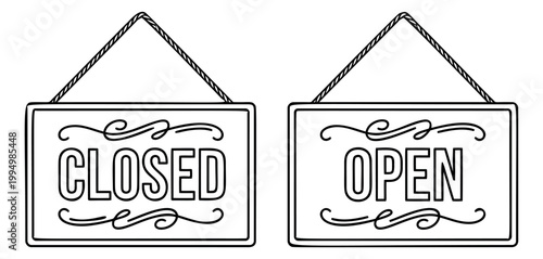Outline icon set of 2 retail store signs featuring open and closed hanging boards with decorative swirls for business design