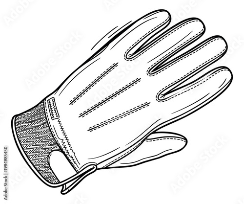 Engraving illustration of a leather glove depicting detailed stitching and wrist cuff for fashion and sport design