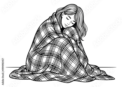 Sketch illustration of young woman wrapped in plaid blanket depicting cozy comfort and rest for lifestyle and wellness design