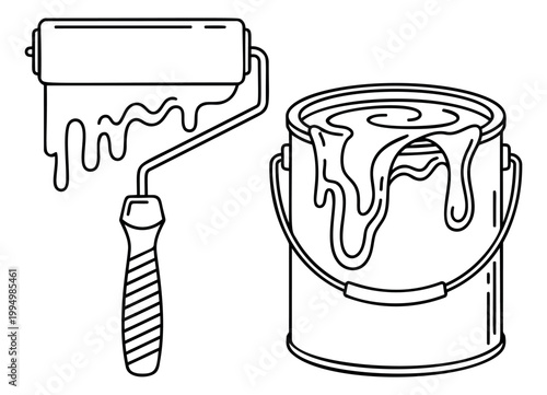 Outline illustration set of paint roller and bucket depicting dripping paint tools for home renovation design