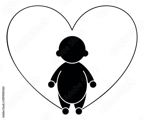 Silhouette illustration of baby figure inside heart shape depicting infant love and care for parenting and family design