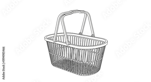 Line art drawing of an empty supermarket shopping basket on a white background