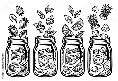 Outline icon set of 4 mason jar smoothies featuring strawberry, blueberry, lemon and pineapple fruit infused water for food and drink design