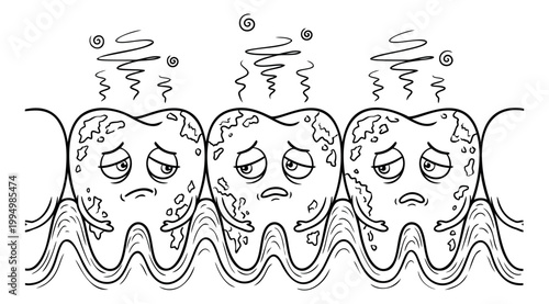 Cartoon illustration of three unhealthy teeth depicting decay and pain with dizzy expressions for dental health design